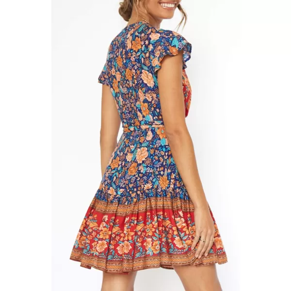 ZESICA Womens 2024 Summer Wrap V Neck Bohemian Floral Print Ruffle Swing A Line Beach Mini DressRoyal Blue
