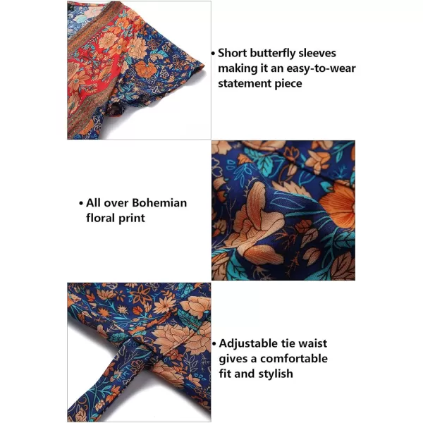 ZESICA Womens 2024 Summer Wrap V Neck Bohemian Floral Print Ruffle Swing A Line Beach Mini DressRoyal Blue