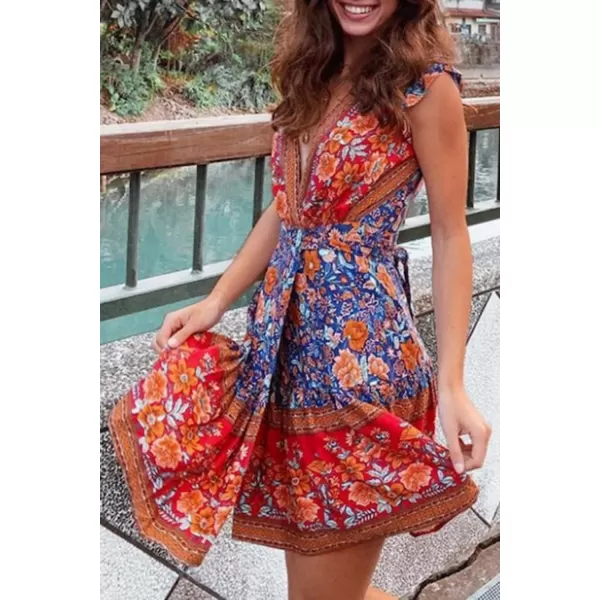 ZESICA Womens 2024 Summer Wrap V Neck Bohemian Floral Print Ruffle Swing A Line Beach Mini DressRoyal Blue