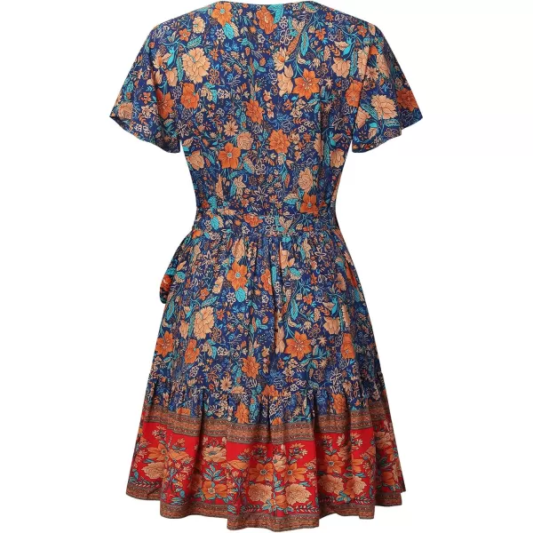 ZESICA Womens 2024 Summer Wrap V Neck Bohemian Floral Print Ruffle Swing A Line Beach Mini DressRoyal Blue