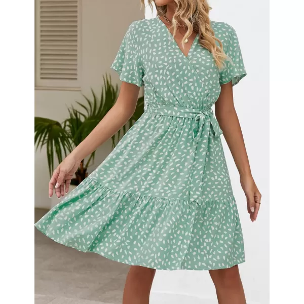 ZESICA Womens 2024 Summer Wrap V Neck Bohemian Floral Print Ruffle Swing A Line Beach Mini DressSage