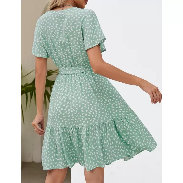 ZESICA Womens 2024 Summer Wrap V Neck Bohemian Floral Print Ruffle Swing A Line Beach Mini DressSage