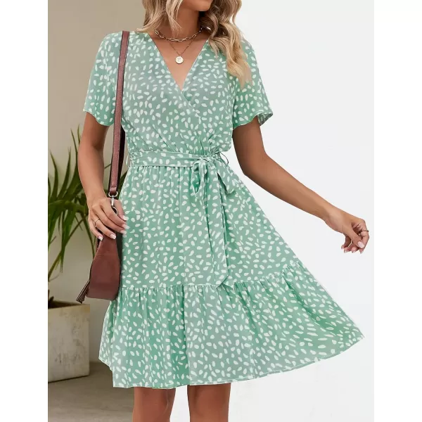 ZESICA Womens 2024 Summer Wrap V Neck Bohemian Floral Print Ruffle Swing A Line Beach Mini DressSage
