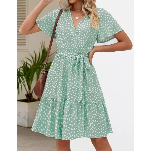 ZESICA Womens 2024 Summer Wrap V Neck Bohemian Floral Print Ruffle Swing A Line Beach Mini DressSage