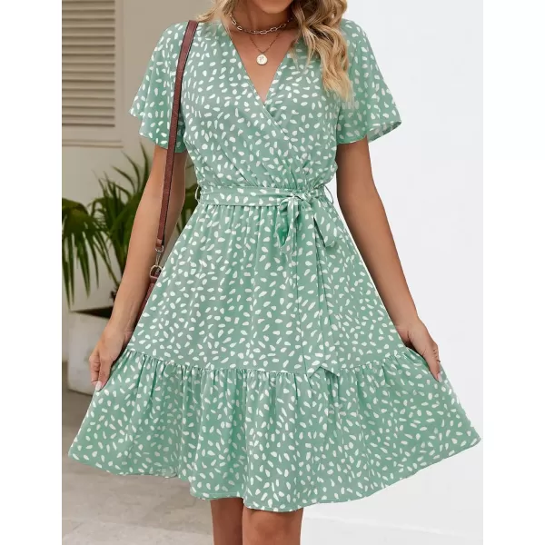 ZESICA Womens 2024 Summer Wrap V Neck Bohemian Floral Print Ruffle Swing A Line Beach Mini DressSage