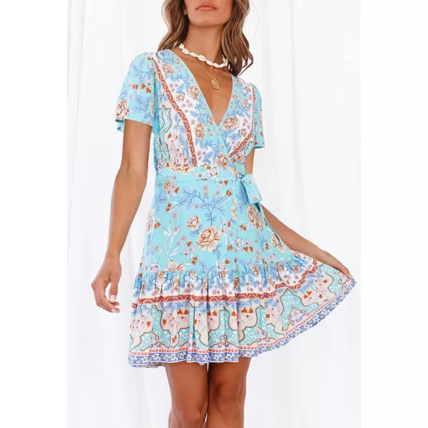 ZESICA Womens 2024 Summer Wrap V Neck Bohemian Floral Print Ruffle Swing A Line Beach Mini DressSkyblue