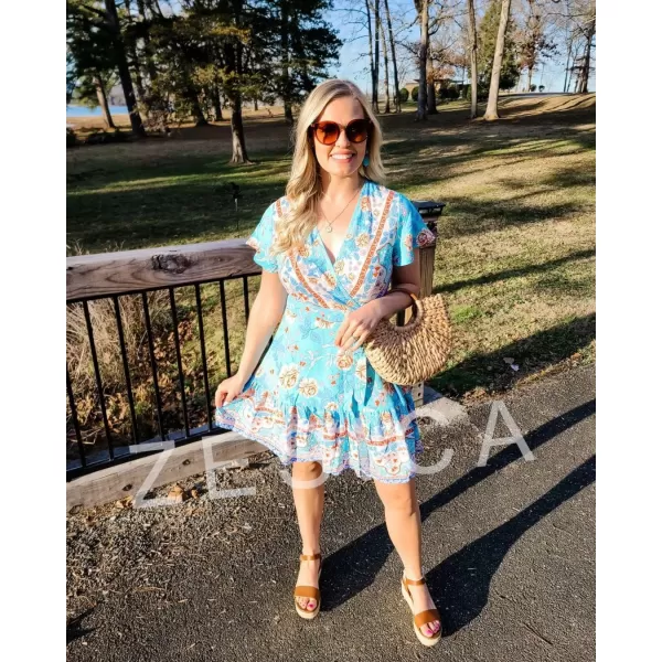 ZESICA Womens 2024 Summer Wrap V Neck Bohemian Floral Print Ruffle Swing A Line Beach Mini DressSkyblue