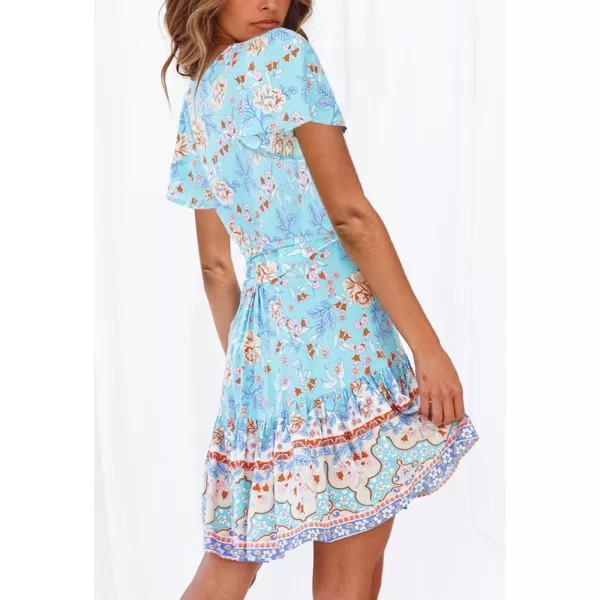 ZESICA Womens 2024 Summer Wrap V Neck Bohemian Floral Print Ruffle Swing A Line Beach Mini DressSkyblue