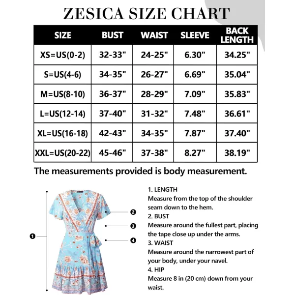 ZESICA Womens 2024 Summer Wrap V Neck Bohemian Floral Print Ruffle Swing A Line Beach Mini DressSkyblue