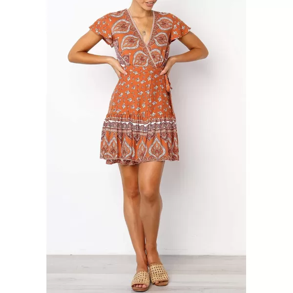 ZESICA Womens 2024 Summer Wrap V Neck Bohemian Floral Print Ruffle Swing A Line Beach Mini DressTangerine