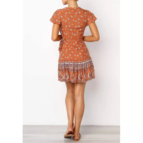 ZESICA Womens 2024 Summer Wrap V Neck Bohemian Floral Print Ruffle Swing A Line Beach Mini DressTangerine