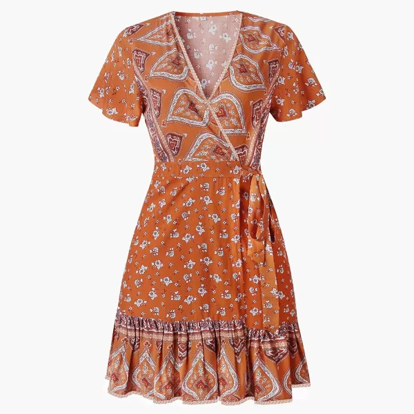 ZESICA Womens 2024 Summer Wrap V Neck Bohemian Floral Print Ruffle Swing A Line Beach Mini DressTangerine