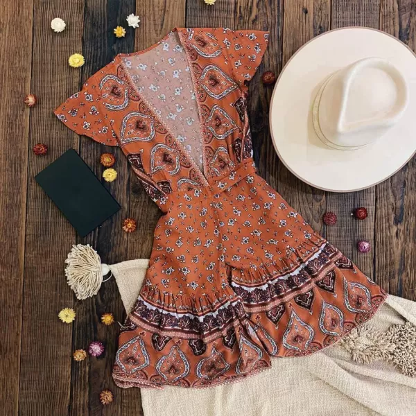 ZESICA Womens 2024 Summer Wrap V Neck Bohemian Floral Print Ruffle Swing A Line Beach Mini DressTangerine