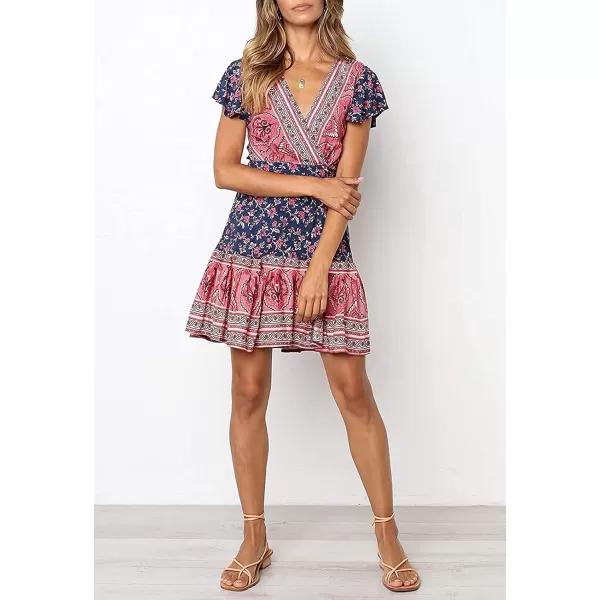 ZESICA Womens 2024 Summer Wrap V Neck Bohemian Floral Print Ruffle Swing A Line Beach Mini DressTwilightblue