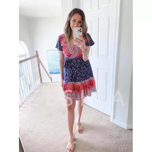ZESICA Womens 2024 Summer Wrap V Neck Bohemian Floral Print Ruffle Swing A Line Beach Mini DressTwilightblue
