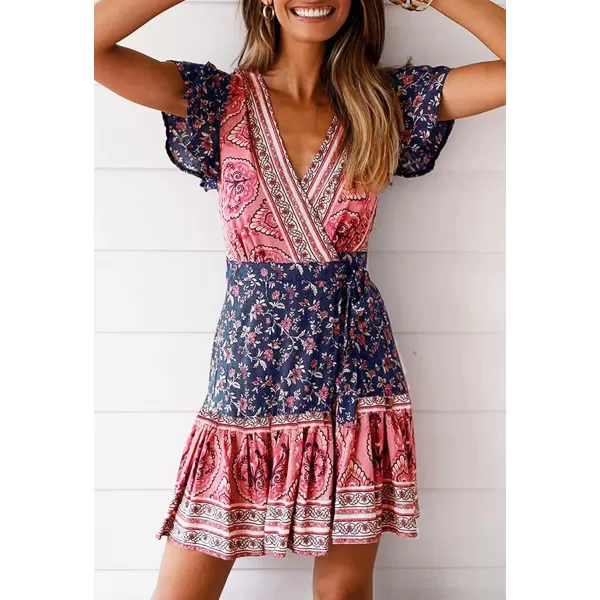 ZESICA Womens 2024 Summer Wrap V Neck Bohemian Floral Print Ruffle Swing A Line Beach Mini DressTwilightblue