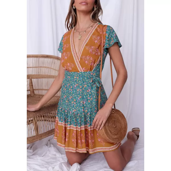 ZESICA Womens 2024 Summer Wrap V Neck Bohemian Floral Print Ruffle Swing A Line Beach Mini DressVintagegreen