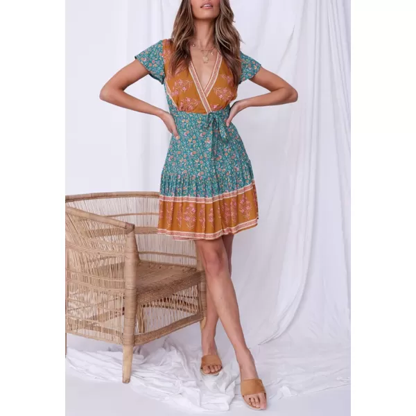 ZESICA Womens 2024 Summer Wrap V Neck Bohemian Floral Print Ruffle Swing A Line Beach Mini DressVintagegreen