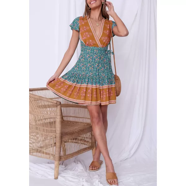 ZESICA Womens 2024 Summer Wrap V Neck Bohemian Floral Print Ruffle Swing A Line Beach Mini DressVintagegreen