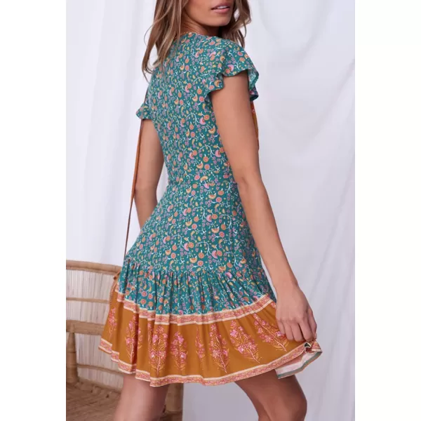 ZESICA Womens 2024 Summer Wrap V Neck Bohemian Floral Print Ruffle Swing A Line Beach Mini DressVintagegreen