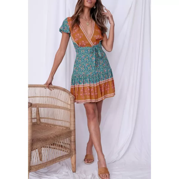 ZESICA Womens 2024 Summer Wrap V Neck Bohemian Floral Print Ruffle Swing A Line Beach Mini DressVintagegreen
