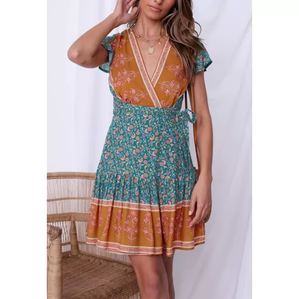 ZESICA Womens 2024 Summer Wrap V Neck Bohemian Floral Print Ruffle Swing A Line Beach Mini DressVintagegreen