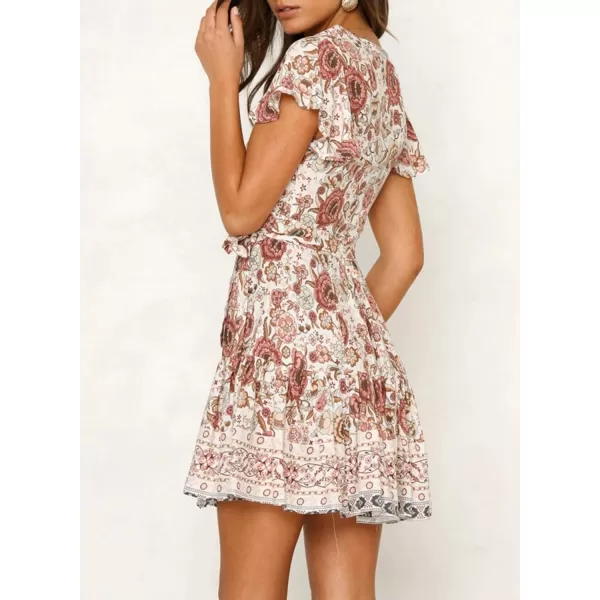 ZESICA Womens 2024 Summer Wrap V Neck Bohemian Floral Print Ruffle Swing A Line Beach Mini DressWhite