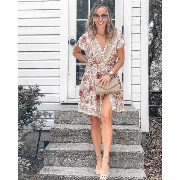 ZESICA Womens 2024 Summer Wrap V Neck Bohemian Floral Print Ruffle Swing A Line Beach Mini DressWhite