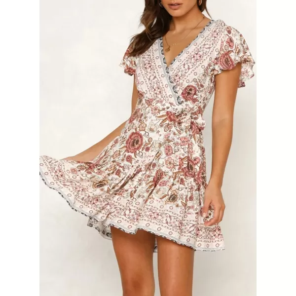 ZESICA Womens 2024 Summer Wrap V Neck Bohemian Floral Print Ruffle Swing A Line Beach Mini DressWhite