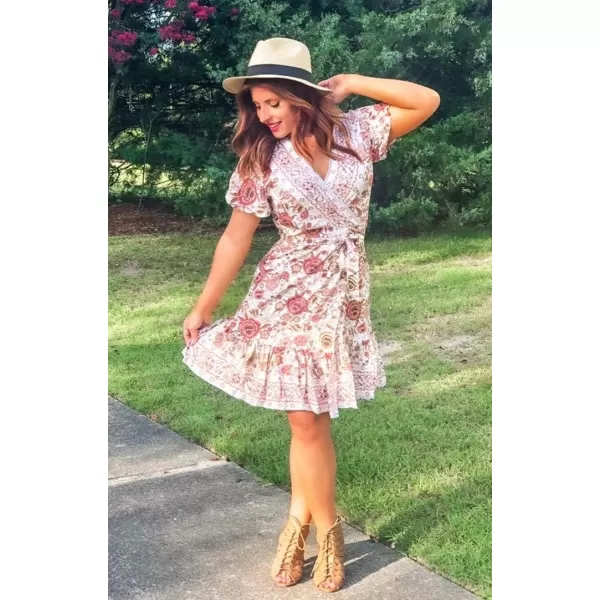 ZESICA Womens 2024 Summer Wrap V Neck Bohemian Floral Print Ruffle Swing A Line Beach Mini DressWhite