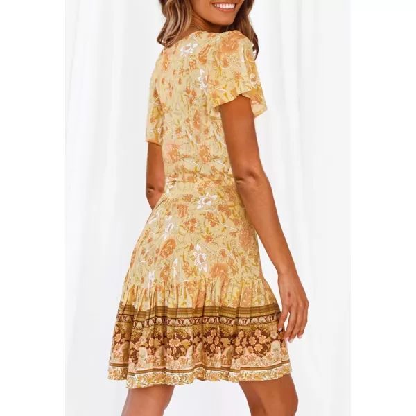 ZESICA Womens 2024 Summer Wrap V Neck Bohemian Floral Print Ruffle Swing A Line Beach Mini DressYellow