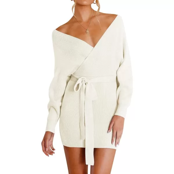 ZESICA Womens 2024 Fall Long Batwing Sleeve Wrap V Neck Knitted Backless Bodycon Pullover Sweater Dress with BeltApricot