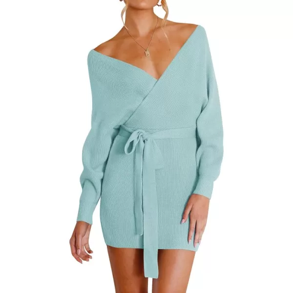 ZESICA Womens 2024 Fall Long Batwing Sleeve Wrap V Neck Knitted Backless Bodycon Pullover Sweater Dress with BeltAqua
