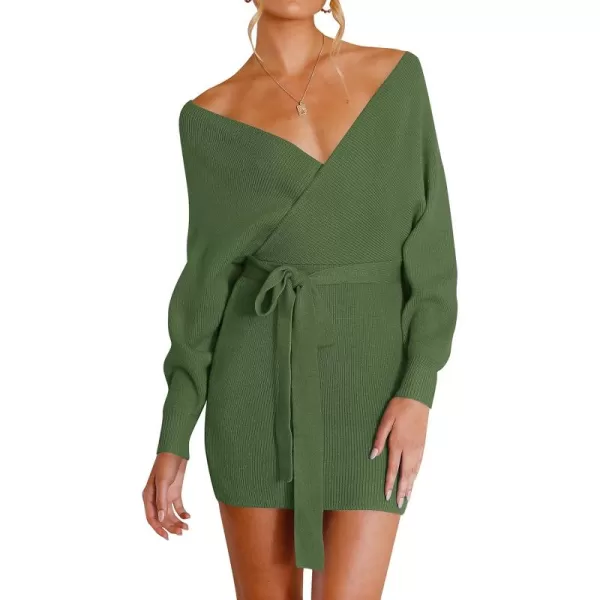 ZESICA Womens 2024 Fall Long Batwing Sleeve Wrap V Neck Knitted Backless Bodycon Pullover Sweater Dress with BeltArmygreen