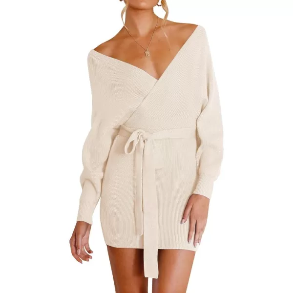 ZESICA Womens 2024 Fall Long Batwing Sleeve Wrap V Neck Knitted Backless Bodycon Pullover Sweater Dress with BeltBeige
