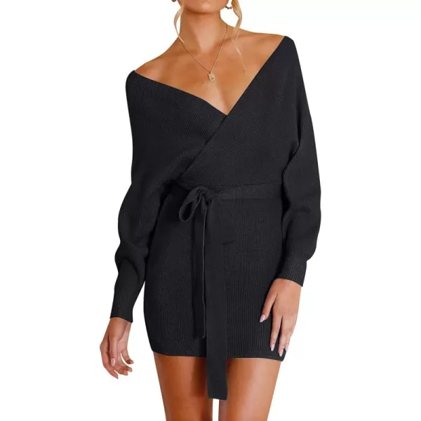 ZESICA Womens 2024 Fall Long Batwing Sleeve Wrap V Neck Knitted Backless Bodycon Pullover Sweater Dress with BeltBlack