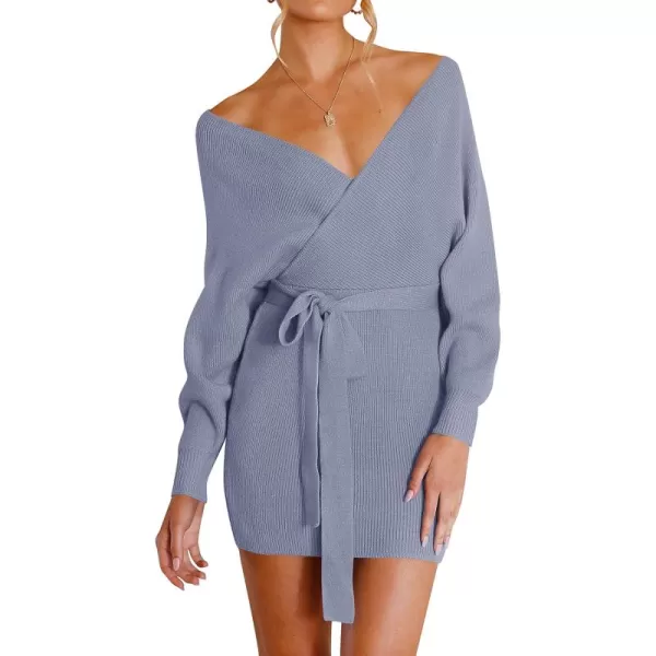 ZESICA Womens 2024 Fall Long Batwing Sleeve Wrap V Neck Knitted Backless Bodycon Pullover Sweater Dress with BeltBlue