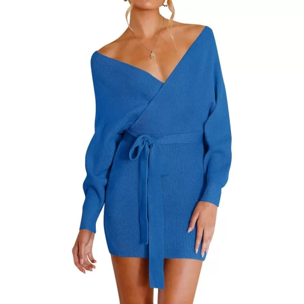 ZESICA Womens 2024 Fall Long Batwing Sleeve Wrap V Neck Knitted Backless Bodycon Pullover Sweater Dress with BeltBrightblue
