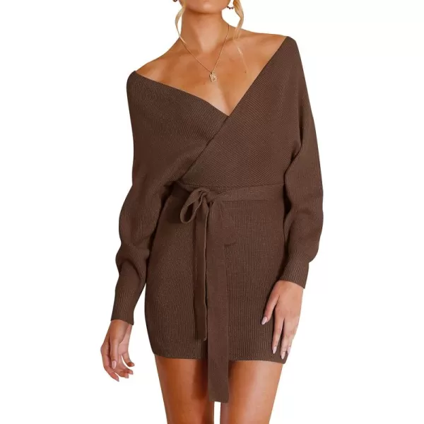 ZESICA Womens 2024 Fall Long Batwing Sleeve Wrap V Neck Knitted Backless Bodycon Pullover Sweater Dress with BeltBrown