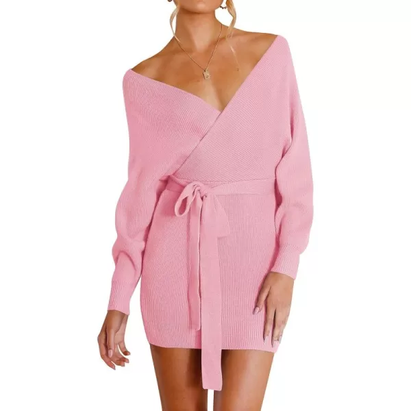 ZESICA Womens 2024 Fall Long Batwing Sleeve Wrap V Neck Knitted Backless Bodycon Pullover Sweater Dress with BeltCandypink