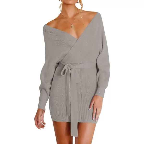 ZESICA Womens 2024 Fall Long Batwing Sleeve Wrap V Neck Knitted Backless Bodycon Pullover Sweater Dress with BeltGrey