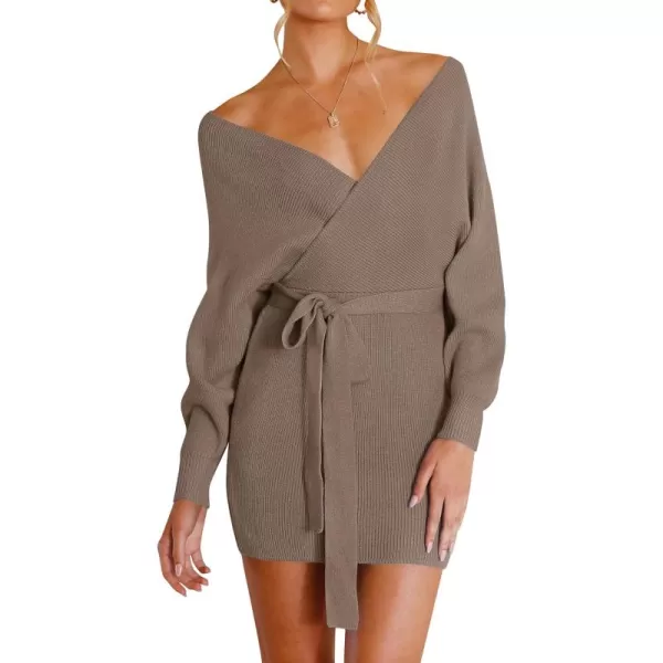 ZESICA Womens 2024 Fall Long Batwing Sleeve Wrap V Neck Knitted Backless Bodycon Pullover Sweater Dress with BeltGreykhaki
