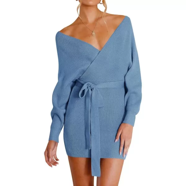 ZESICA Womens 2024 Fall Long Batwing Sleeve Wrap V Neck Knitted Backless Bodycon Pullover Sweater Dress with BeltMidnightblue