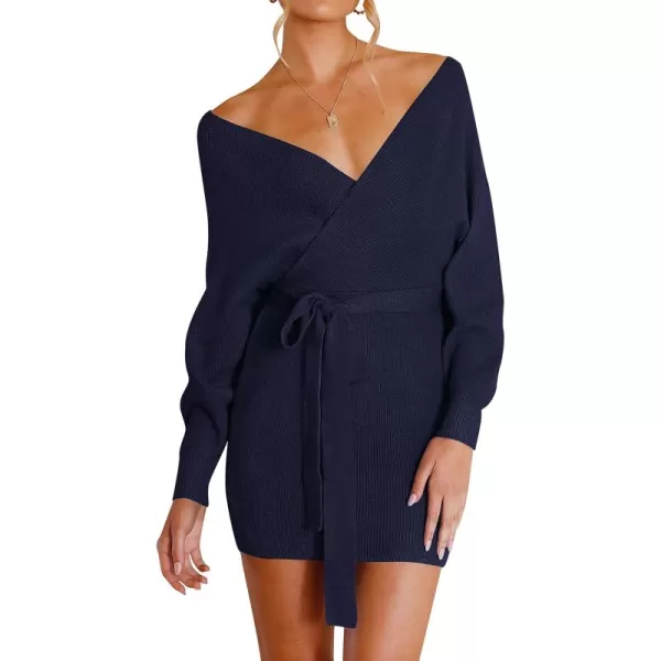 ZESICA Womens 2024 Fall Long Batwing Sleeve Wrap V Neck Knitted Backless Bodycon Pullover Sweater Dress with BeltNavy