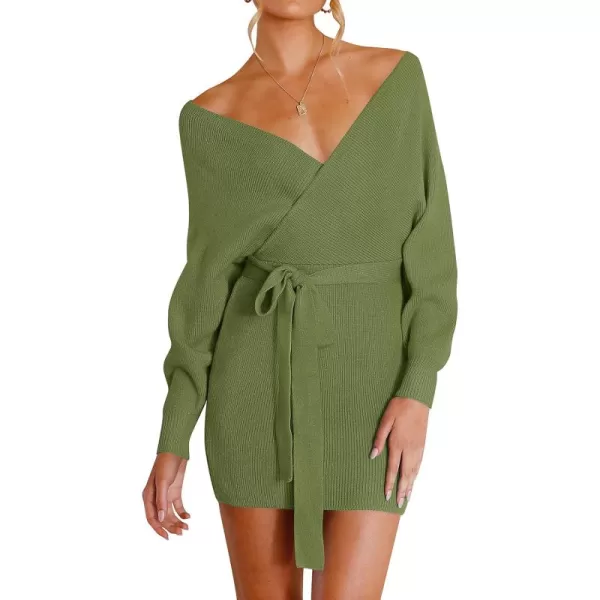 ZESICA Womens 2024 Fall Long Batwing Sleeve Wrap V Neck Knitted Backless Bodycon Pullover Sweater Dress with BeltOlive