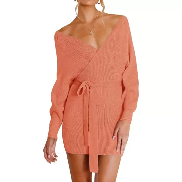 ZESICA Womens 2024 Fall Long Batwing Sleeve Wrap V Neck Knitted Backless Bodycon Pullover Sweater Dress with BeltPeach