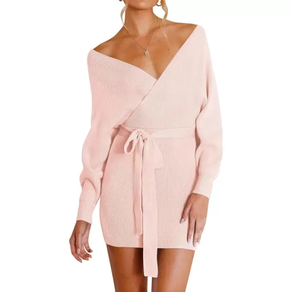 ZESICA Womens 2024 Fall Long Batwing Sleeve Wrap V Neck Knitted Backless Bodycon Pullover Sweater Dress with BeltPink