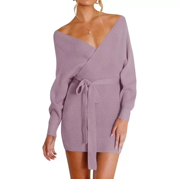 ZESICA Womens 2024 Fall Long Batwing Sleeve Wrap V Neck Knitted Backless Bodycon Pullover Sweater Dress with BeltPurple