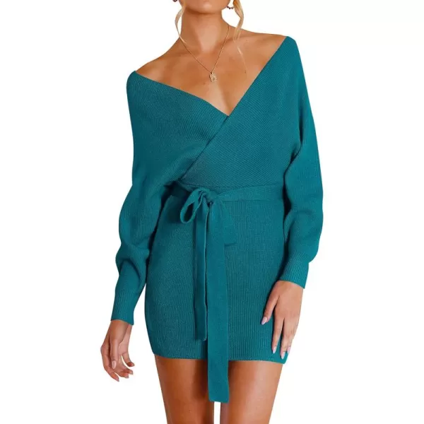 ZESICA Womens 2024 Fall Long Batwing Sleeve Wrap V Neck Knitted Backless Bodycon Pullover Sweater Dress with BeltTeal