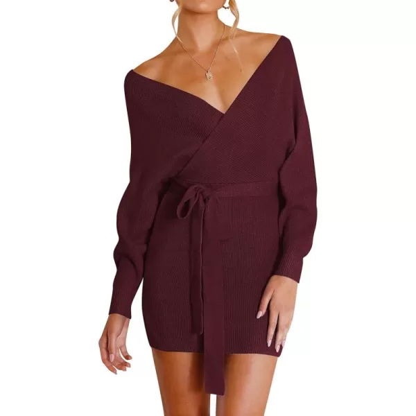 ZESICA Womens 2024 Fall Long Batwing Sleeve Wrap V Neck Knitted Backless Bodycon Pullover Sweater Dress with BeltWine